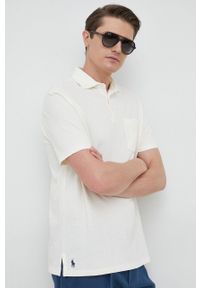 Polo Ralph Lauren polo z domieszką lnu kolor beżowy gładki. Typ kołnierza: polo. Kolor: beżowy. Materiał: len. Wzór: gładki #5