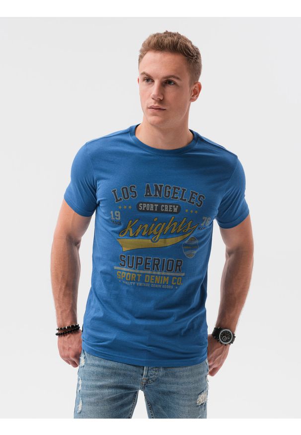 Ombre Clothing - T-shirt męski z nadrukiem S1434 V-23A - ciemnoniebieski - XXL. Kolor: niebieski. Materiał: bawełna. Wzór: nadruk