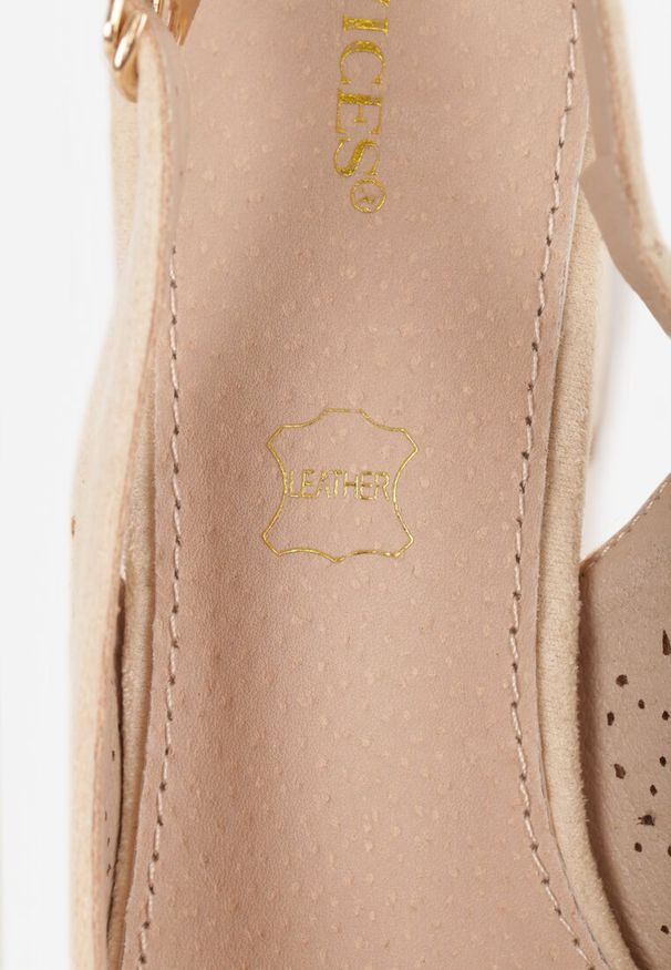 Renee - Beżowe Sandały Vices na Słupku Slingback ze Skórzaną Wkładką i Ażurowym Wzorem Iffinira. Zapięcie: sprzączka. Kolor: beżowy. Materiał: skóra. Wzór: ażurowy. Sezon: lato. Obcas: na słupku. Wysokość obcasa: średni