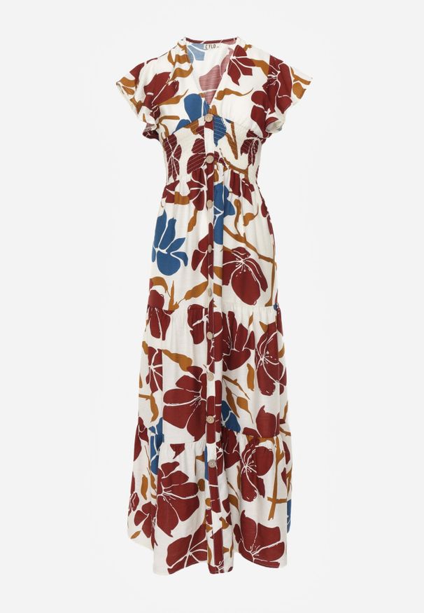 Born2be - Bordowa Rozkloszowana Sukienka z Wiskozy z Falbankami i Kwiatowym Wzorem Norial. Okazja: na randkę, na co dzień. Typ kołnierza: kołnierz z falbankami. Kolor: czerwony. Materiał: wiskoza. Wzór: kwiaty. Sezon: lato. Typ sukienki: proste, rozkloszowane. Styl: elegancki, casual