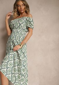 Renee - Zielona Sukienka z Bawełną Ozdobiona Bufiastymi Rękawami Revalle. Okazja: na co dzień, na imprezę, do pracy. Kolor: zielony. Materiał: bawełna. Wzór: aplikacja. Typ sukienki: proste. Styl: klasyczny, elegancki, casual