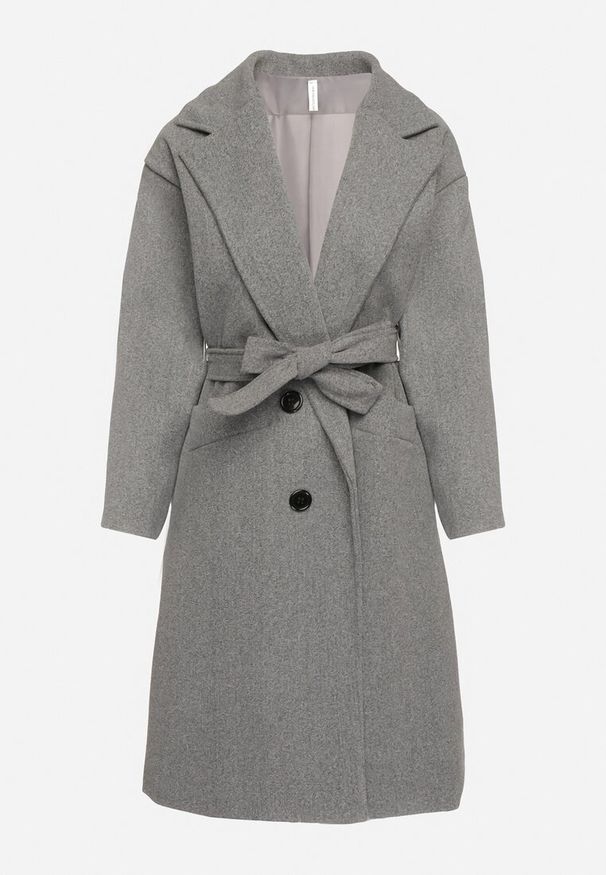 Born2be - Szary Płaszcz Dwurzędowy Wiązany Vepha. Okazja: na co dzień, na wesele, na ślub cywilny. Kolor: szary. Materiał: jeans, poliester. Wzór: aplikacja. Styl: klasyczny, casual, wizytowy