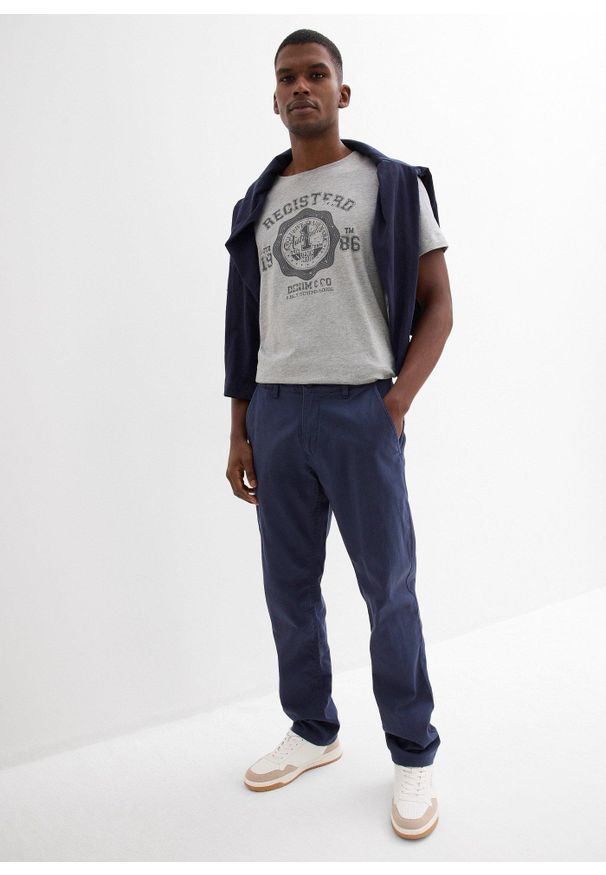 bonprix - Spodnie chinosy z czystego lnu, regular fit, prosta nogawka. Kolor: niebieski. Materiał: len. Styl: klasyczny