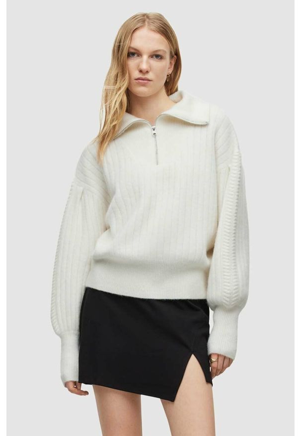 AllSaints sweter VIOLA JUMPER damski kolor biały WK008Y. Kolor: biały. Materiał: wełna, materiał, dzianina. Długość rękawa: długi rękaw. Długość: krótkie. Wzór: gładki