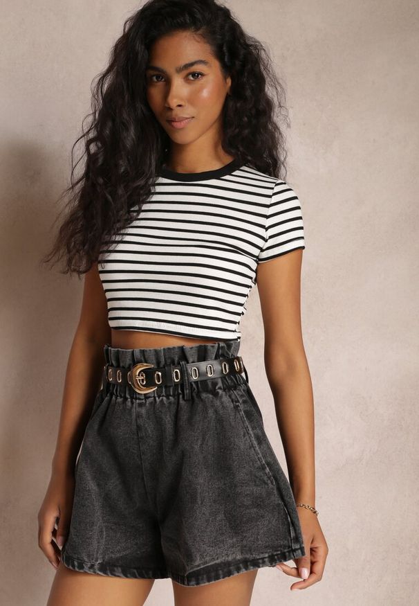 Renee - Czarne Jeansowe Szorty z Gumką w Pasie i Paskiem z Imitacji Skóry Alyssania. Okazja: na co dzień. Kolor: czarny. Materiał: skóra, jeans. Sezon: lato. Styl: sportowy, casual