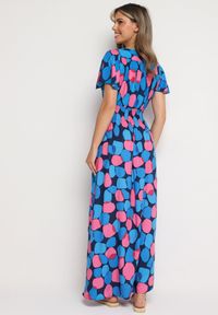 Born2be - Granatowo-Różowa Kopertowa Taliowana Sukienka z Bawełny w Geometryczny Wzór z Gumką w Pasie Enelsea. Kolor: niebieski. Materiał: bawełna. Wzór: geometria. Sezon: lato. Typ sukienki: kopertowe #4
