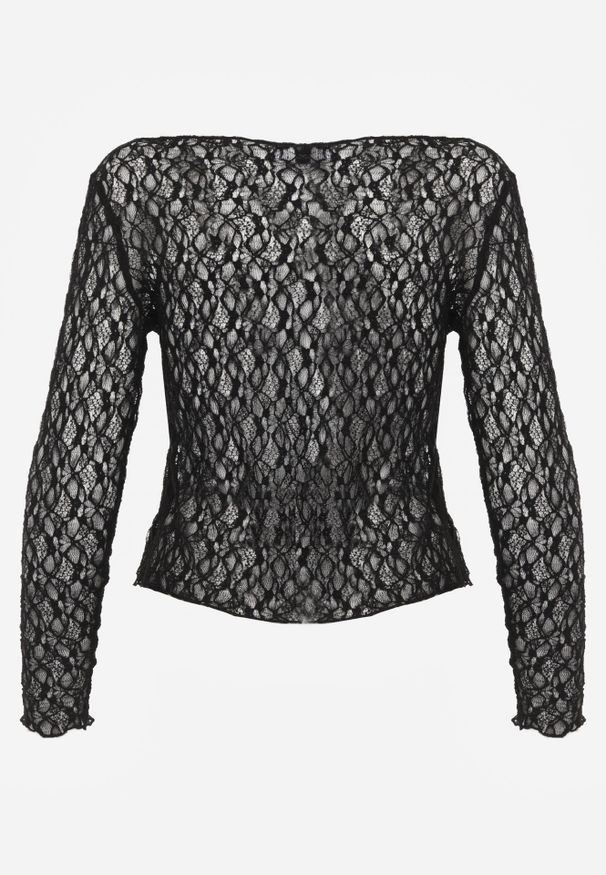 Renee - Czarna Bluzka Longsleeve z Koronki z Dekoltem w Stylu Łódki Chaldera. Okazja: na co dzień. Kolor: czarny. Materiał: koronka. Długość rękawa: długi rękaw. Długość: długie. Wzór: koronka. Styl: elegancki, casual