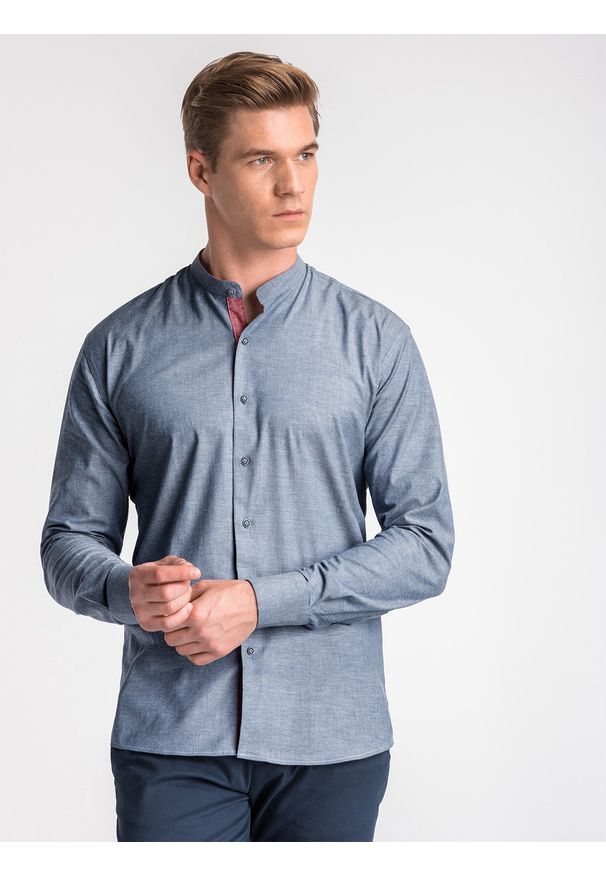 Ombre Clothing - Koszula męska z długim rękawem K488 - granatowa - L. Typ kołnierza: kołnierzyk stójkowy, kołnierzyk kontrastowy, kołnierzyk klasyczny. Kolor: niebieski. Materiał: elastan, tkanina, bawełna. Długość rękawa: długi rękaw. Długość: długie. Wzór: ze splotem, melanż. Styl: klasyczny