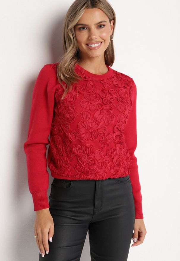 Born2be - Czerwony Sweter z Wiskozą i Siateczkowymi Aplikacjami Hariena. Kolor: czerwony. Materiał: wiskoza. Wzór: aplikacja. Styl: elegancki