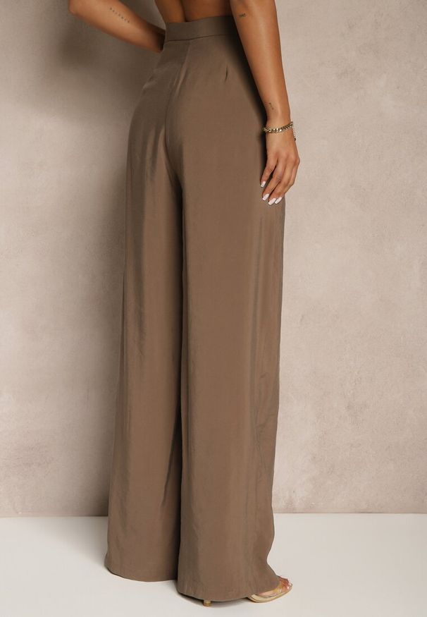 Renee - Brązowe Spodnie Low Waist z Modalu z Szeroką Nogawką Reanelira. Okazja: na co dzień. Stan: obniżony. Kolor: brązowy. Styl: klasyczny, casual, elegancki