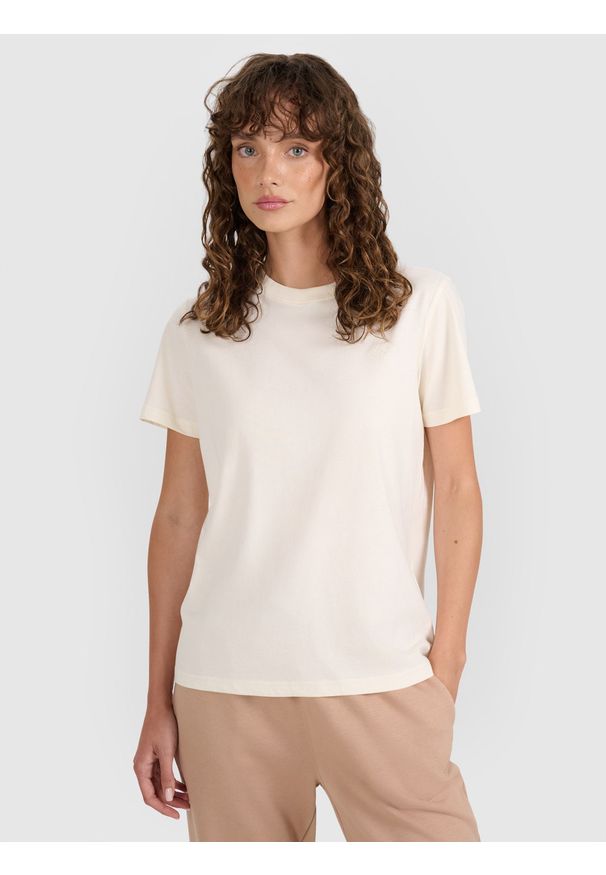 4f - 4F T-shirt regular gładki damski - beżowy XL. Okazja: na co dzień. Kolor: beżowy. Materiał: bawełna, jersey. Długość rękawa: krótki rękaw. Długość: krótkie. Wzór: gładki. Sezon: lato. Styl: klasyczny, casual, sportowy