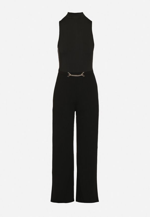 Born2be - Czarny Kombinezon z Dekoltem Halter i Półgolfem z Łańcuszkiem w Talii Tenilra. Okazja: na co dzień. Kolor: czarny. Długość: długie. Styl: casual, elegancki