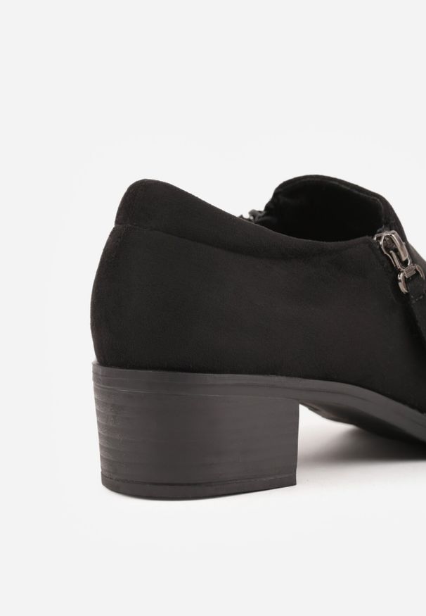 Born2be - Czarne Półbuty na Niskim Słupku z Ozdobnym Suwakiem Aricca. Okazja: na co dzień. Kolor: czarny. Materiał: jeans. Obcas: na słupku. Styl: elegancki, casual