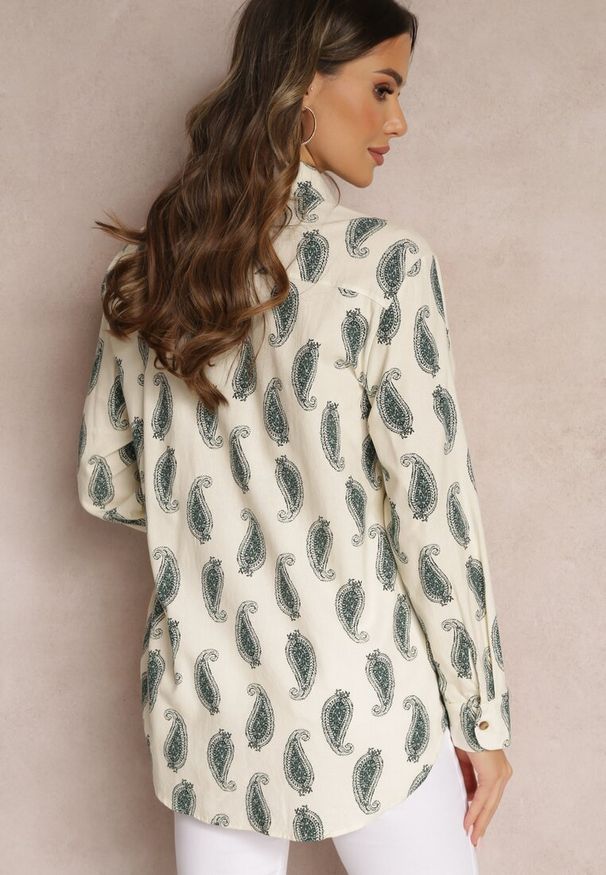 Renee - Beżowo-Zielona Bawełniana Koszula z Drobnym Wzorem Paisley Kaisleigh. Kolor: beżowy. Materiał: bawełna. Wzór: paisley. Styl: klasyczny