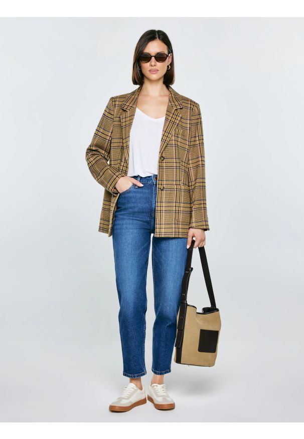 Big-Star - Marynarka damska w kratę Galani 601. Okazja: na co dzień. Kolor: różowy. Materiał: materiał, jeans, tkanina. Styl: casual, klasyczny, retro