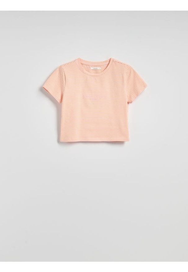 Reserved - T-shirt w paski - pastelowy róż. Kolor: różowy. Materiał: bawełna, dzianina. Wzór: paski
