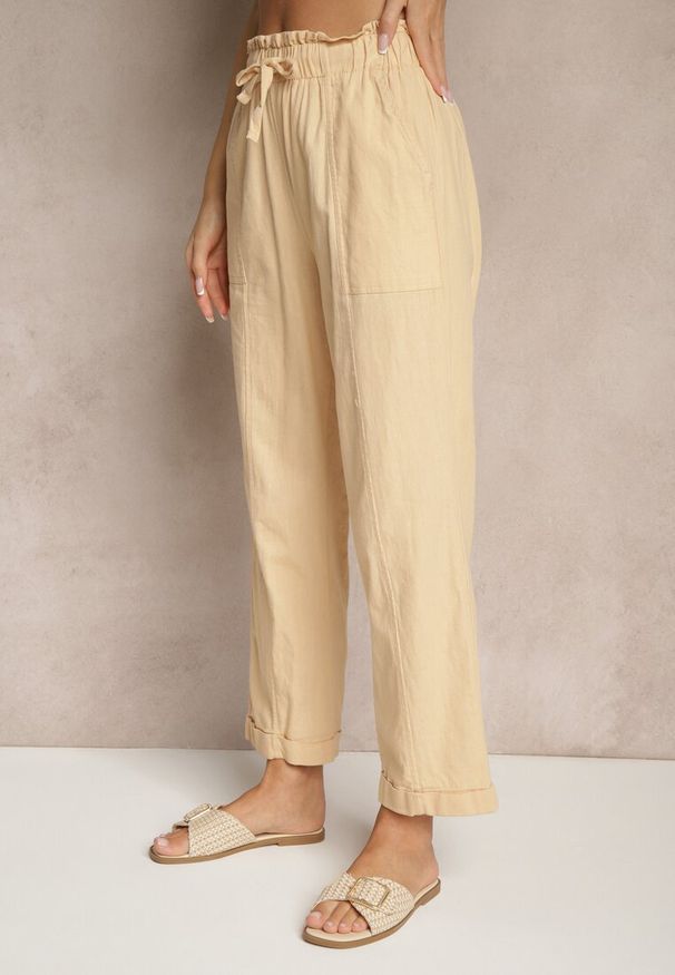 Renee - Beżowe Spodnie z Bawełny High Waist z Wiązaniem Tyswia. Okazja: na co dzień. Stan: podwyższony. Kolor: beżowy. Materiał: bawełna. Styl: elegancki, casual
