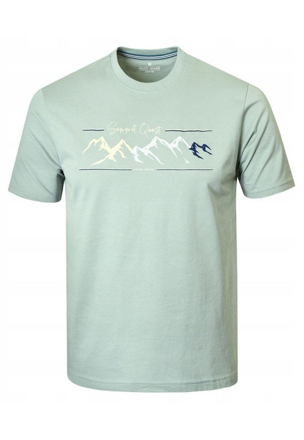 Męska Koszulka (T-Shirt) - Pako Jeans -Jasna Mięta, Górski Nadruk. Okazja: na co dzień. Materiał: bawełna. Wzór: nadruk. Styl: casual
