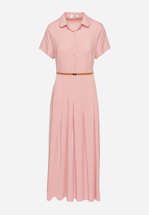 Born2be - Różowa Wiskozowa Sukienka o Koszulowym Fasonie z Wąskim Paskiem Fillamea. Kolor: różowy. Materiał: wiskoza. Wzór: aplikacja. Typ sukienki: koszulowe. Styl: elegancki