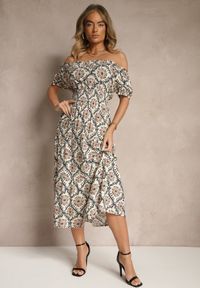 Renee - Beżowo-Niebieska Sukienka z Bawełną Ozdobiona Bufiastymi Rękawami Revalle. Okazja: na co dzień, na imprezę, do pracy. Kolor: beżowy. Materiał: bawełna. Wzór: aplikacja. Typ sukienki: proste. Styl: klasyczny, elegancki, casual