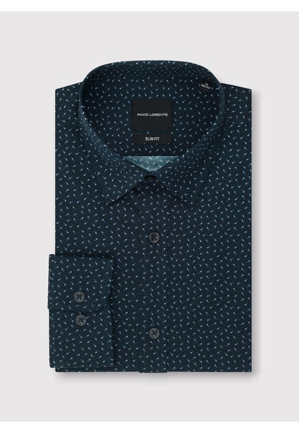 Pako Lorente - PAKO LORENTE – Granatowa koszula we wzór geometryczny. Kolor: niebieski. Materiał: elastan, bawełna. Długość rękawa: długi rękaw. Długość: długie. Wzór: geometria