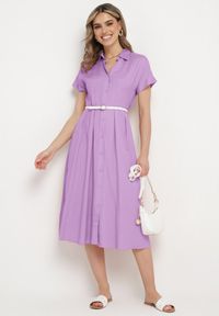 Born2be - Fioletowa Koszulowa Sukienka z Lnem i Wiskozą Ircilla. Okazja: na spacer. Kolor: fioletowy. Materiał: wiskoza, len. Długość rękawa: krótki rękaw. Typ sukienki: koszulowe #1