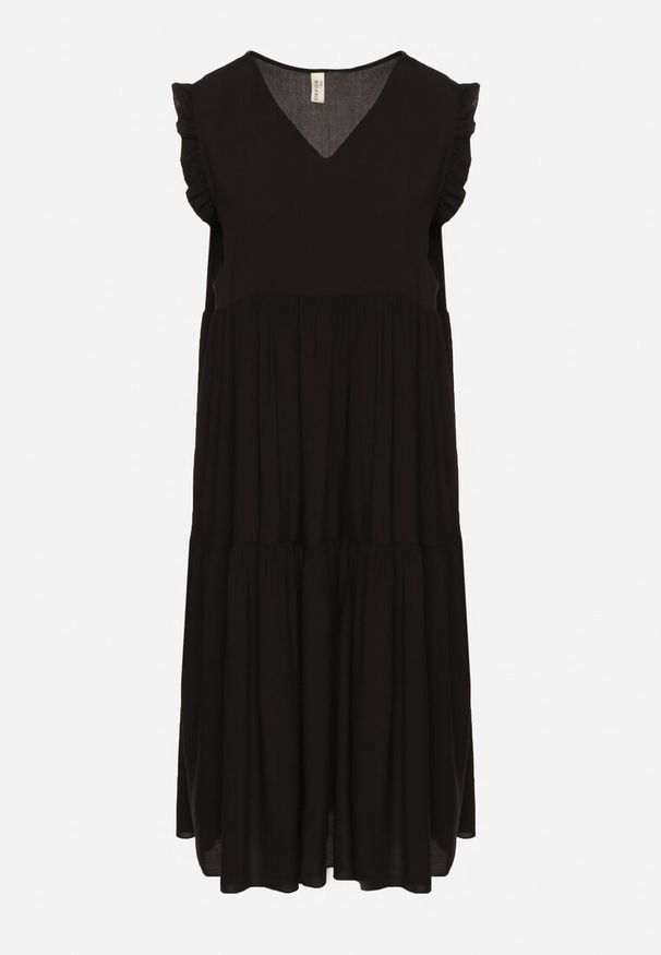 Born2be - Czarna Bawełniana Sukienka Ozdobiona Falbankami Aveliova. Okazja: na spacer, na imprezę, na co dzień. Typ kołnierza: kołnierz z falbankami. Kolor: czarny. Materiał: bawełna. Wzór: aplikacja. Typ sukienki: proste. Styl: casual, elegancki. Długość: midi