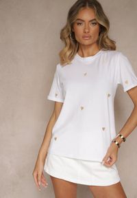 Renee - Biało-Beżowy Bawełniany T-shirt z Motywem Serc Aramiraa. Okazja: na co dzień. Kolor: biały. Materiał: bawełna. Styl: casual #5