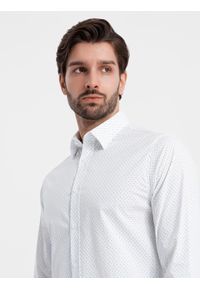 Ombre Clothing - Bawełniana koszula męska w mikro wzór REGULAR FIT - biała V1. Typ kołnierza: kołnierzyk klasyczny. Kolor: biały. Materiał: bawełna. Długość rękawa: długi rękaw. Długość: długie. Wzór: nadruk. Styl: klasyczny #4