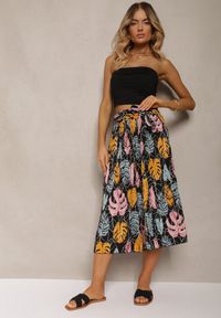 Renee - Czarno-Pomarańczowe Spodnie Szwedy z Bawełną High Waist Wykończone Gumką w Talii Pasefia. Okazja: na co dzień, do pracy. Stan: podwyższony. Kolor: czarny. Materiał: bawełna. Styl: elegancki, casual
