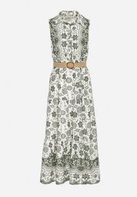 Born2be - Zielona Bawełniana Sukienka o Koszulowym Kroju Bez Rękawów z Paskiem Mirulenia. Okazja: na co dzień. Typ kołnierza: dekolt w kształcie V. Kolor: zielony. Materiał: bawełna. Długość rękawa: bez rękawów. Wzór: haft, aplikacja, kwiaty. Typ sukienki: koszulowe. Styl: casual #6