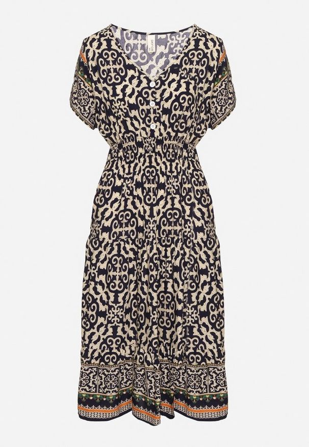 Born2be - Granatowa Bawełniana Sukienka z Guzikami i Ornamentnym Wzorem Zisselle. Kolor: niebieski. Materiał: bawełna