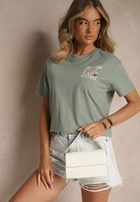 Renee - Ciemnozielony T-shirt z Bawełny o Kroju Oversize Fillinea. Okazja: na co dzień. Kolor: zielony. Materiał: bawełna. Wzór: napisy, aplikacja. Styl: klasyczny, casual #4