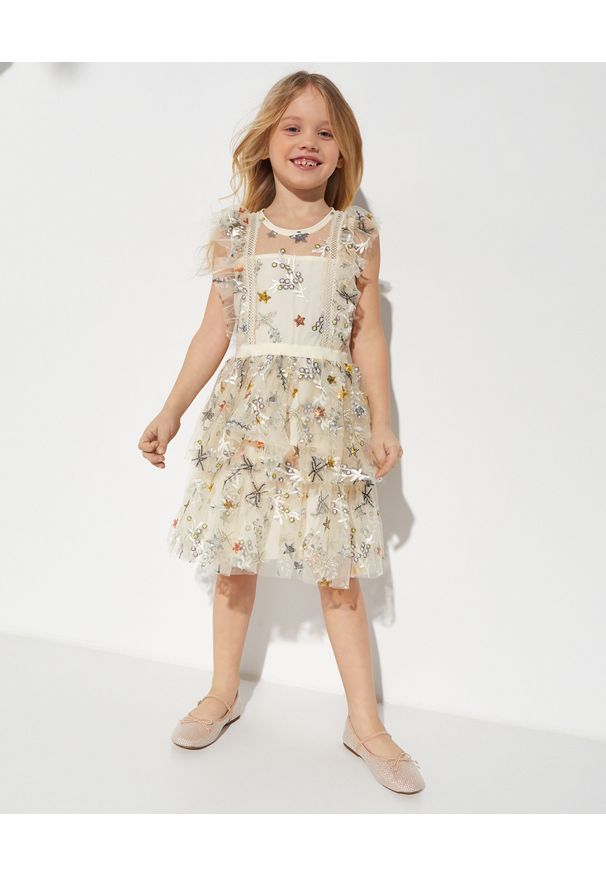 SELF PORTRAIT KIDS - Beżowa tiulowa sukienka Ruffle Frill. Kolor: beżowy. Materiał: tiul. Wzór: haft, kolorowy, aplikacja