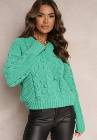 Renee - Zielony Grubo Pleciony Sweter z Wełną i Bawełną Bavime. Kolor: zielony. Materiał: bawełna, wełna. Sezon: zima