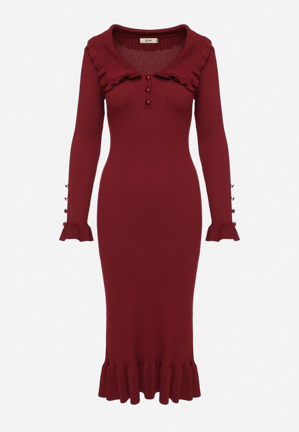 Born2be - Bordowa Prążkowana Sukienka Midi z Kołnierzykiem z Guzikami i Falbanką Prestaria. Okazja: na spotkanie biznesowe, do pracy. Kolor: czerwony. Materiał: prążkowany. Styl: biznesowy. Długość: midi