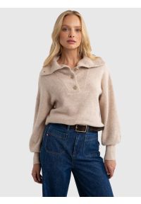 Big-Star - Sweter damski z rozpinanym golfem beżowy Pulina 801. Okazja: na co dzień. Typ kołnierza: golf. Kolor: beżowy. Materiał: jeans, materiał, skóra. Styl: retro, casual