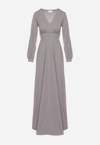 Born2be - Szara Rozkloszowana Sukienka Koktajlowa z Bufiastymi Rękawami i Rozcięciem na Nogę Erqellia. Okazja: na imprezę. Typ kołnierza: dekolt w serek. Kolor: szary. Styl: wizytowy #4