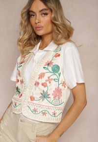 Renee - Beżowa Haftowana Kamizelka z Bawełny w Kwiaty Claperi. Okazja: na co dzień. Kolor: beżowy. Materiał: bawełna. Wzór: kwiaty, haft. Sezon: lato. Styl: elegancki, casual #3