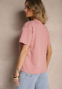 Renee - Różowy T-shirt z Dekoltem w Serek Fonellea. Okazja: na co dzień. Typ kołnierza: dekolt w serek. Kolor: różowy. Materiał: jeans. Styl: casual