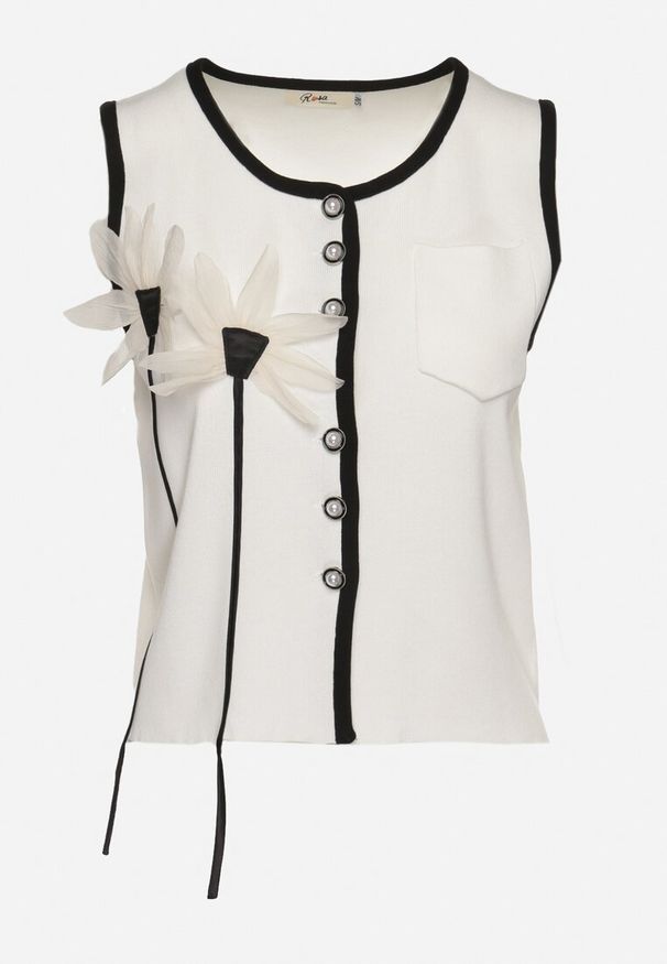 Born2be - Biała Kamizelka Zapinana na Guziki z Naszytą Aplikacją Ronnea. Kolor: biały. Wzór: aplikacja. Styl: elegancki