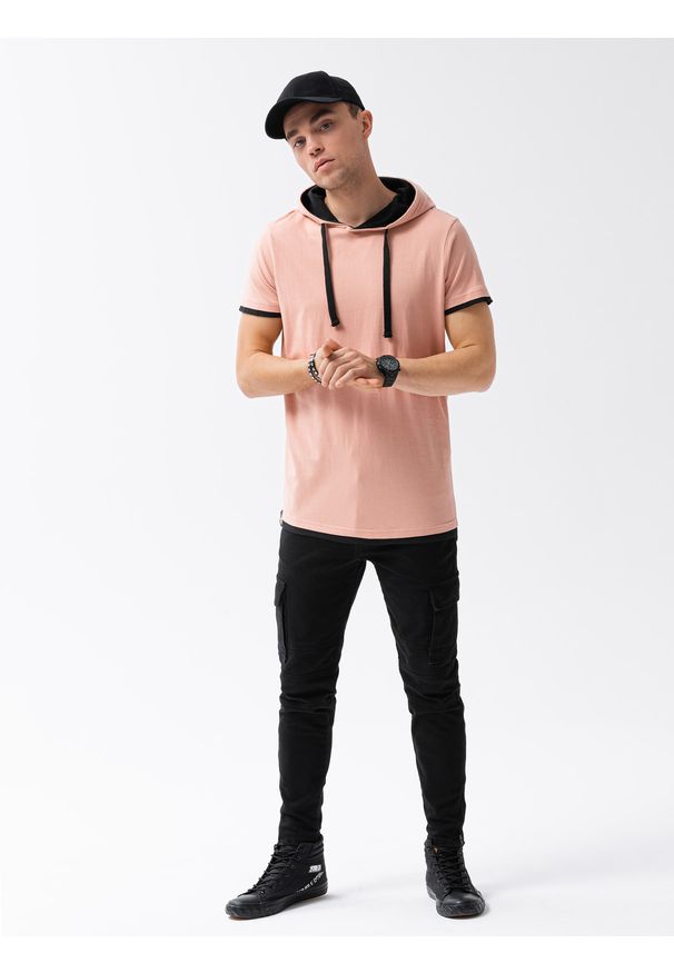 Ombre Clothing - T-shirt męski z kapturem bez nadruku S1376 - brzoskwiniowy - XXL. Okazja: na co dzień. Typ kołnierza: kaptur. Kolor: pomarańczowy. Materiał: dzianina, bawełna, jersey. Styl: klasyczny, casual