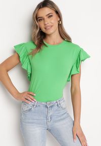 Born2be - Zielony T-shirt z Falowanym Rękawem Aidira. Kolor: zielony. Materiał: jeans. Długość rękawa: krótki rękaw. Długość: krótkie #7