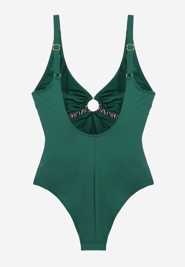 Born2be - Zielony Jednoczęściowy Strój Kąpielowy z Ozdobnym Wycięciem Klamrą i Marszczeniem Vilinaya. Kolor: zielony. Materiał: len