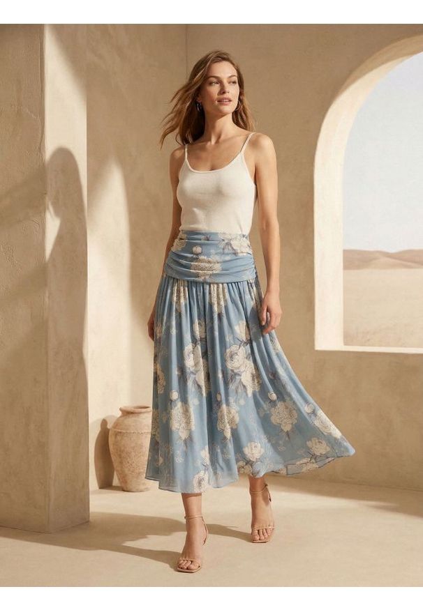 Sinsay - Spódnica midi z marszczeniami w kwiaty - wielobarwny. Wzór: kwiaty