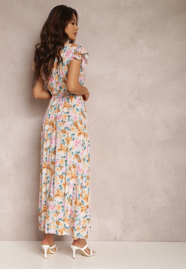 Renee - Biało-Miętowa Sukienka Phaedrathe. Typ kołnierza: kołnierz z falbankami. Kolor: biały. Materiał: wiskoza, tkanina, materiał. Wzór: kwiaty, jednolity. Typ sukienki: kopertowe. Długość: maxi