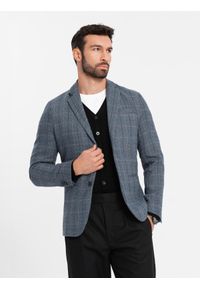 Ombre Clothing - Żakardowa marynarka męska w delikatną kratę - grafitowa V1. Kolor: szary. Materiał: żakard