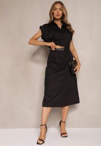 Renee - Czarny Komplet w Stylu Utility Koszula Cropped Bez Rękawów i Spódnica z Kieszeniami Notcha. Kolor: czarny