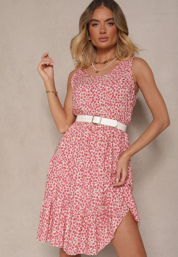 Renee - Różowa Sukienka z Bawełnianej Tkaniny w Nakrapiany Wzór Bez Rękawów Nativoria. Okazja: na co dzień, na spacer, na imprezę. Kolor: różowy. Materiał: bawełna, tkanina. Długość rękawa: bez rękawów. Sezon: lato. Styl: casual, elegancki