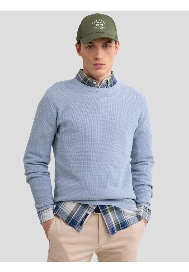 Big-Star - Sweter męski bawełniany błękitny Neilon 400. Okazja: na co dzień, do pracy. Kolor: niebieski. Materiał: bawełna. Wzór: ze splotem. Styl: klasyczny, casual